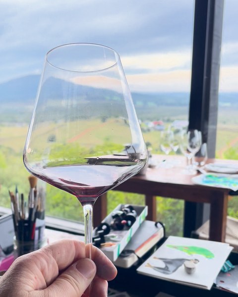 Una copa de vino tinto con el paisaje de viñedos detrás.
